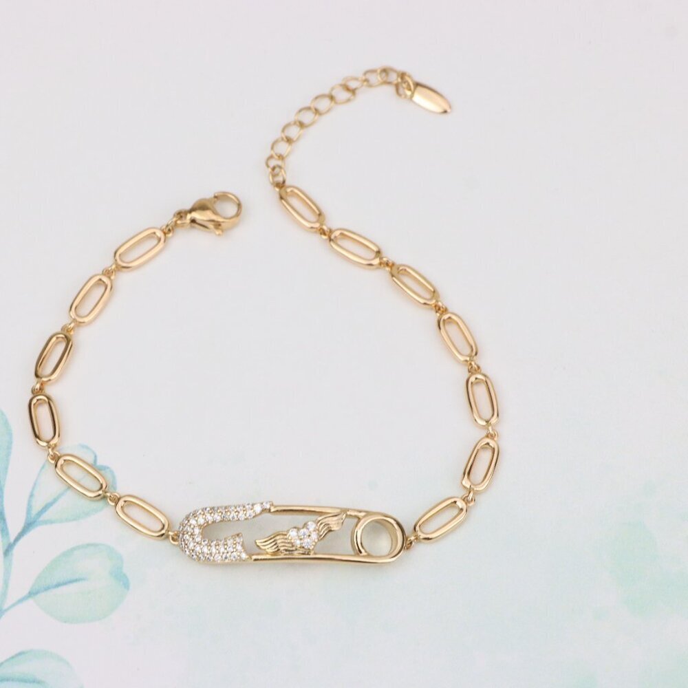 "Rose Gold Safety Pin Bracelet with Wing Detail, XPBL0781